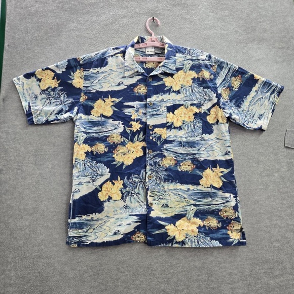 OP Men Button Up Shirt XL Blue Casual Floral Fish Hawaiian‎ Allover Print Collar